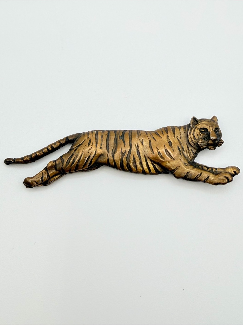 Vintage Leaping Tiger Brooch Brass Tone Animal Cat Pin